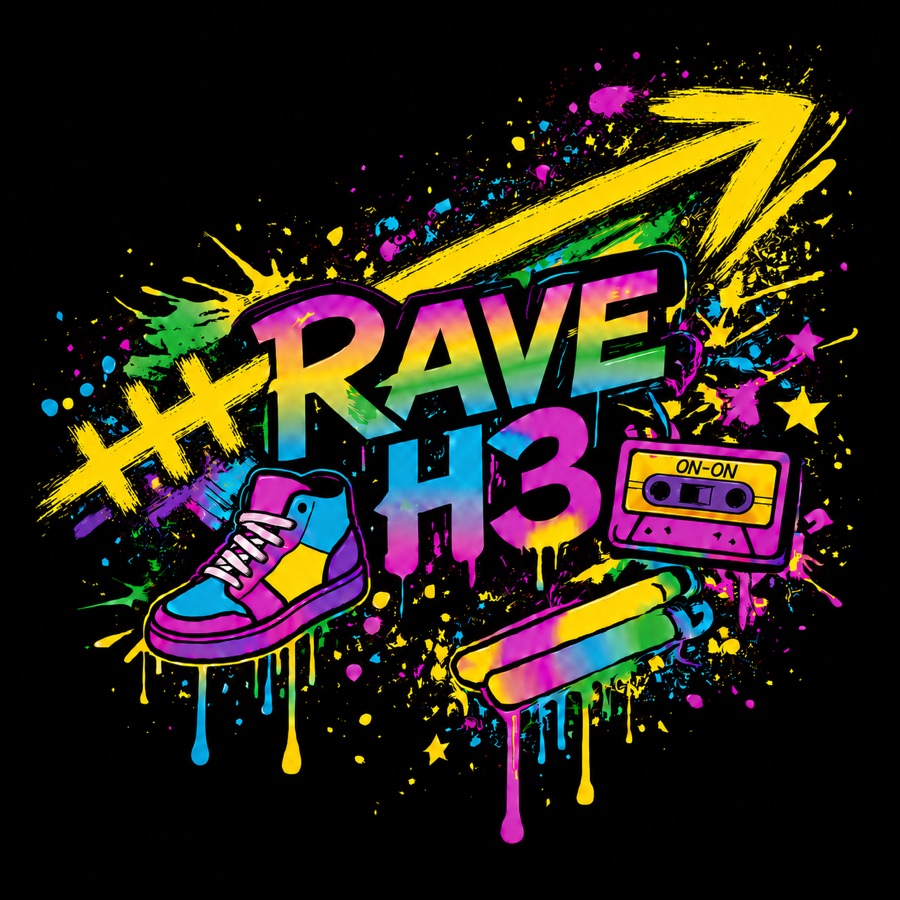 Rave H3 logo — neon graffiti lettering with a sneaker, cassette tape and glow sticks on black